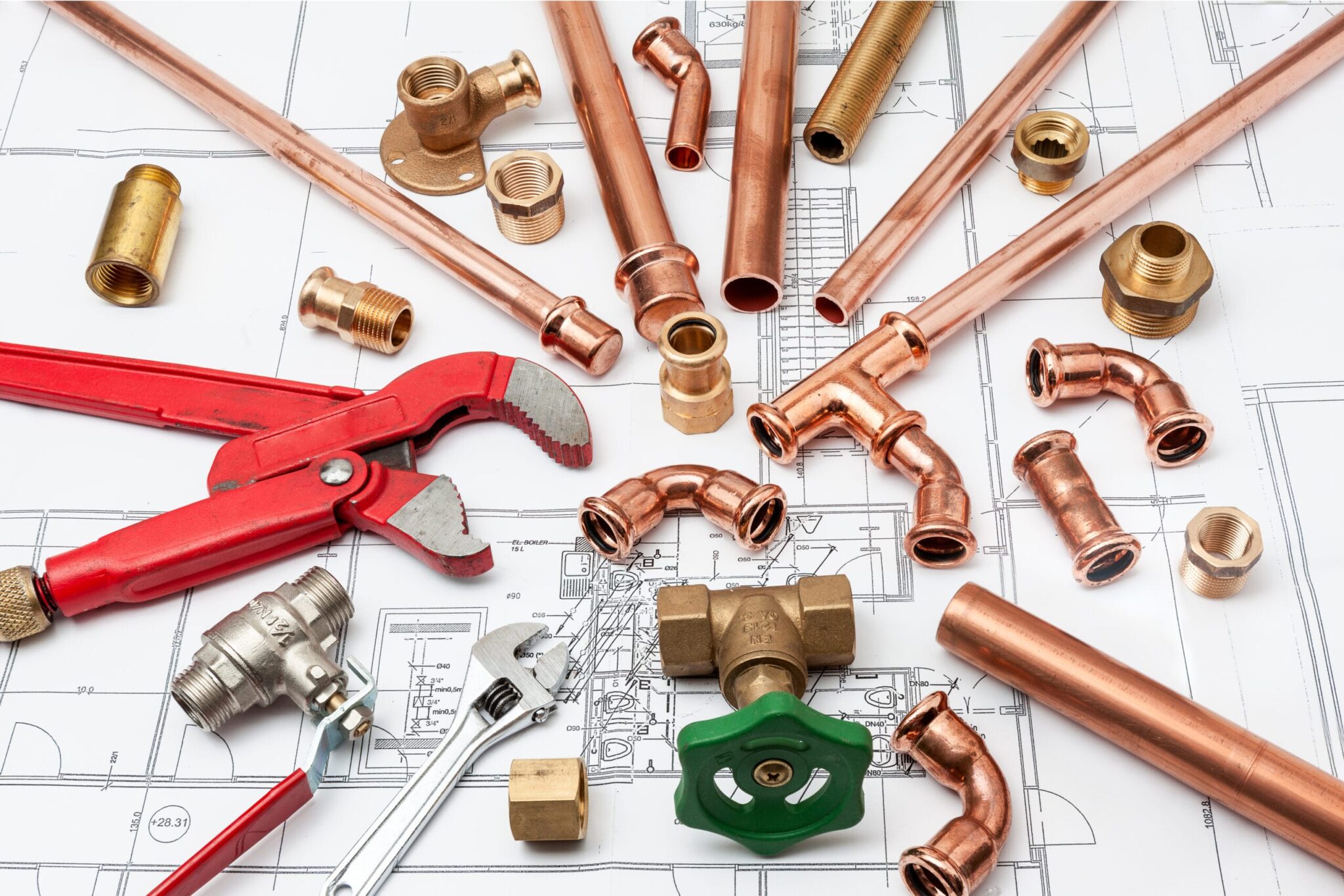 Copper pipes, fittings, valves, and plumbing tools in Winter Park