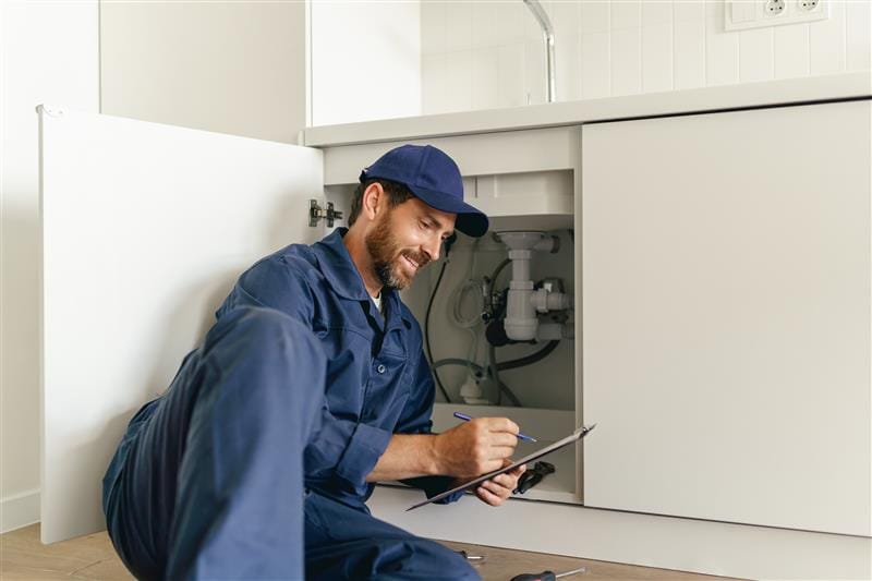 Residential plumber reviewing plumbing repairs in a Winter Park kitchen